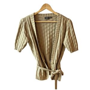 MEXX Vintage Short Sleeve Sweater Tee Square Knit w/ Tie, Tan, Women's Medium